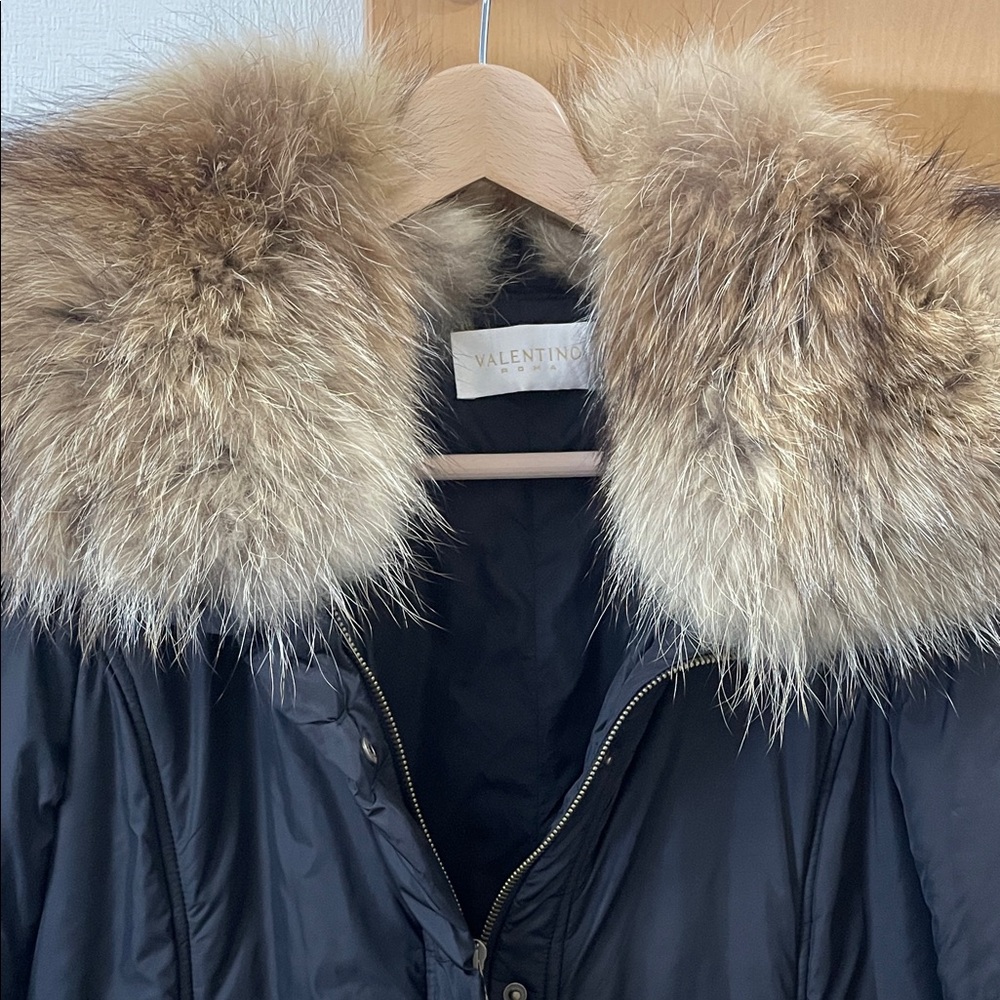 Valentino Black Puffer Jacket with Fur Trim